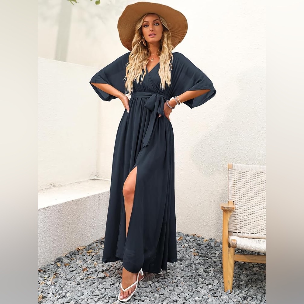 Womens 1/2 Sleeve Beach‎ Wedding Guest Maxi Dress | Wrap V Neck Boho Slit Dress - Picture 2 of 7
